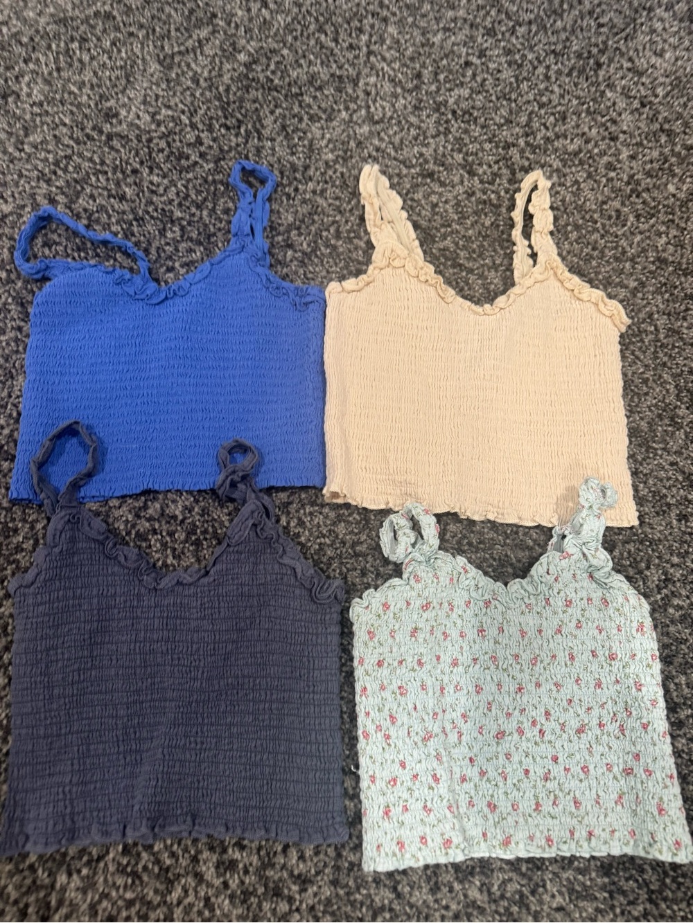 KatieJNyc set of four Smocked Cami Tops in Blue, Beige, dark gray, Mint Floral